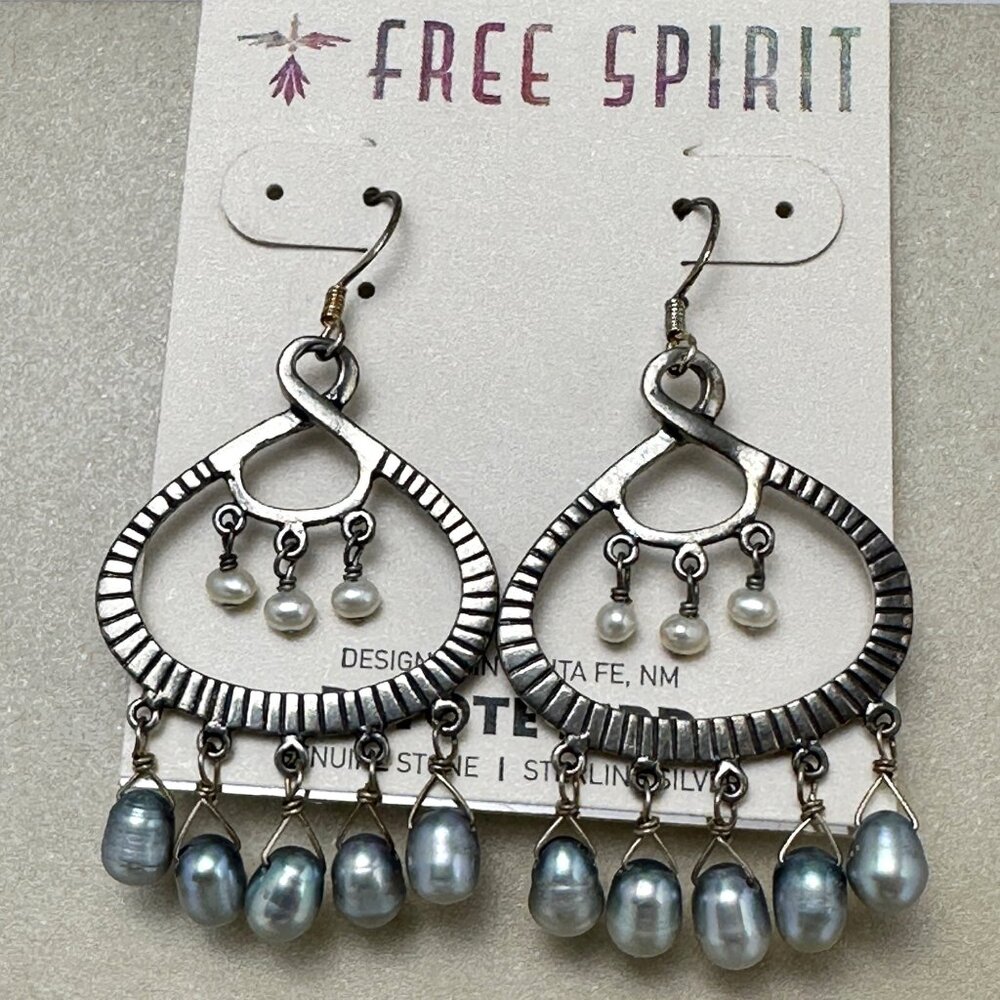 Signed Peyote Bird Boho Chandelier Earrings Oxidized Silver Pearl Drops NWT - Picture 5 of 12